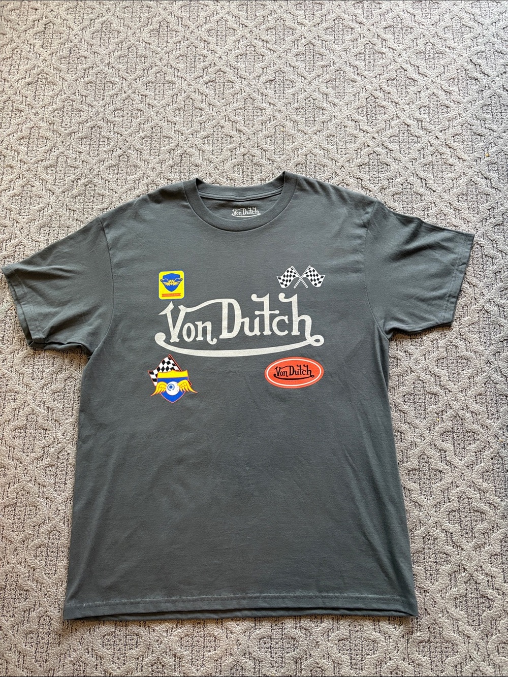 Von Dutch Charcoal Tee with White Logo & Colorful Patch Accents